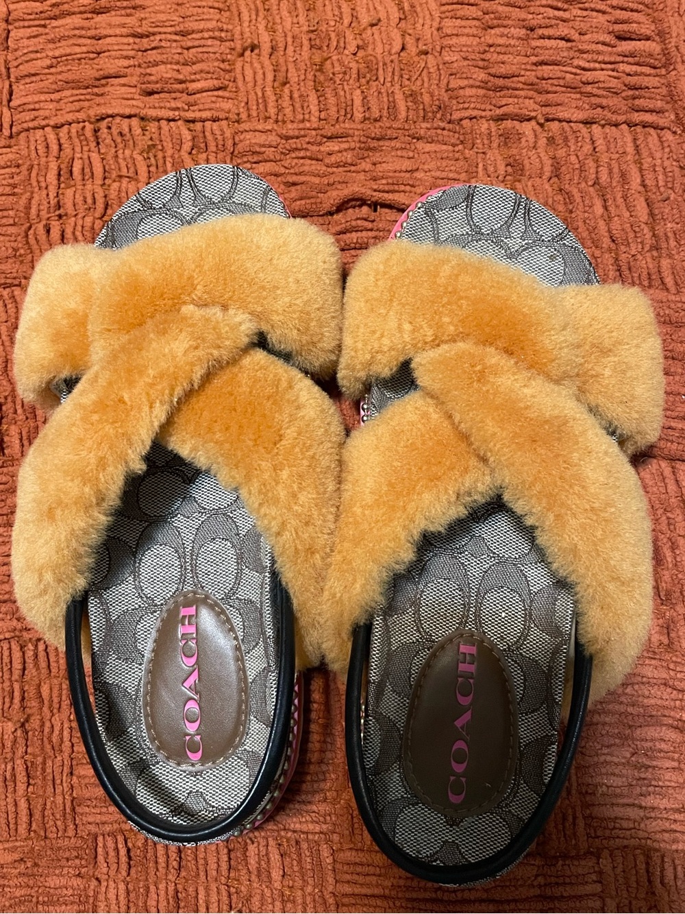 Coach Tally Orange Shearling Cross-Band Slingbacks with Signature Canvas - Picture 3 of 13